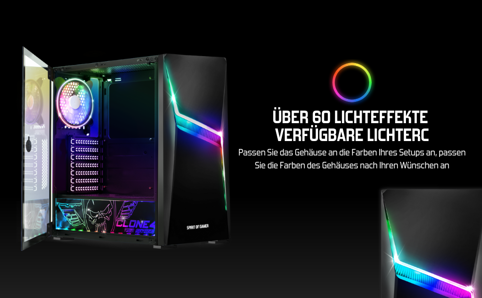 Корпус для ПК Spirit of Gamer Clone 4 RGB з прозорою стінкою з загартованого скла. Підтримує ATX/mATX/ITX. В комплекті 2 вентилятори 120 мм.
