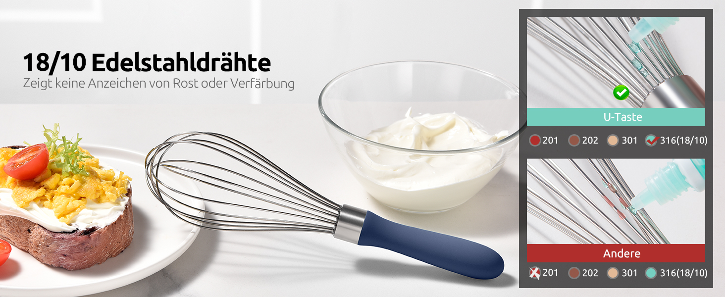 Міксер кухонний U-Taste, 30 см, нержавіюча сталь 18/10, 12 гнучких дротів, силіконовий грифель, для тіста та соусів, великий, колір: Місячна блакить