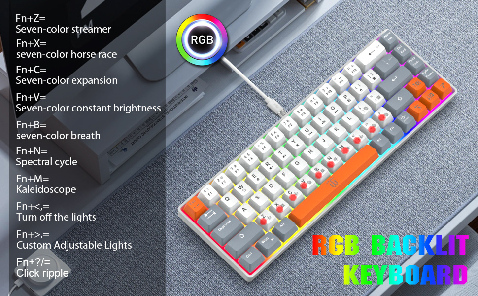Механічна ігрова клавіатура Snpurdiri з RGB підсвічуванням, компактна, ергономічна, для офісу та ігор (63/68 біло-чорно-оранжева)