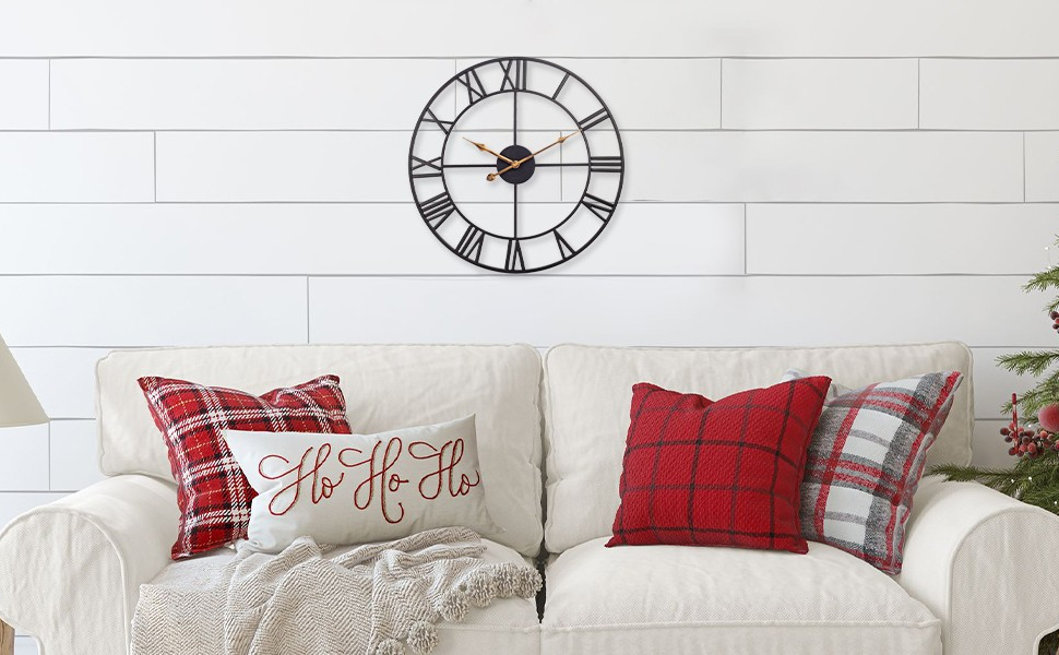 Large Wall Clock, European Industrial Vintage Wall Clock with Roman Numerals, Silent No Ticking Sounds Metal Wall Clock, Decorative Wall Clock for Living Room, Kitchen, Bedroom - 35cm, Black
