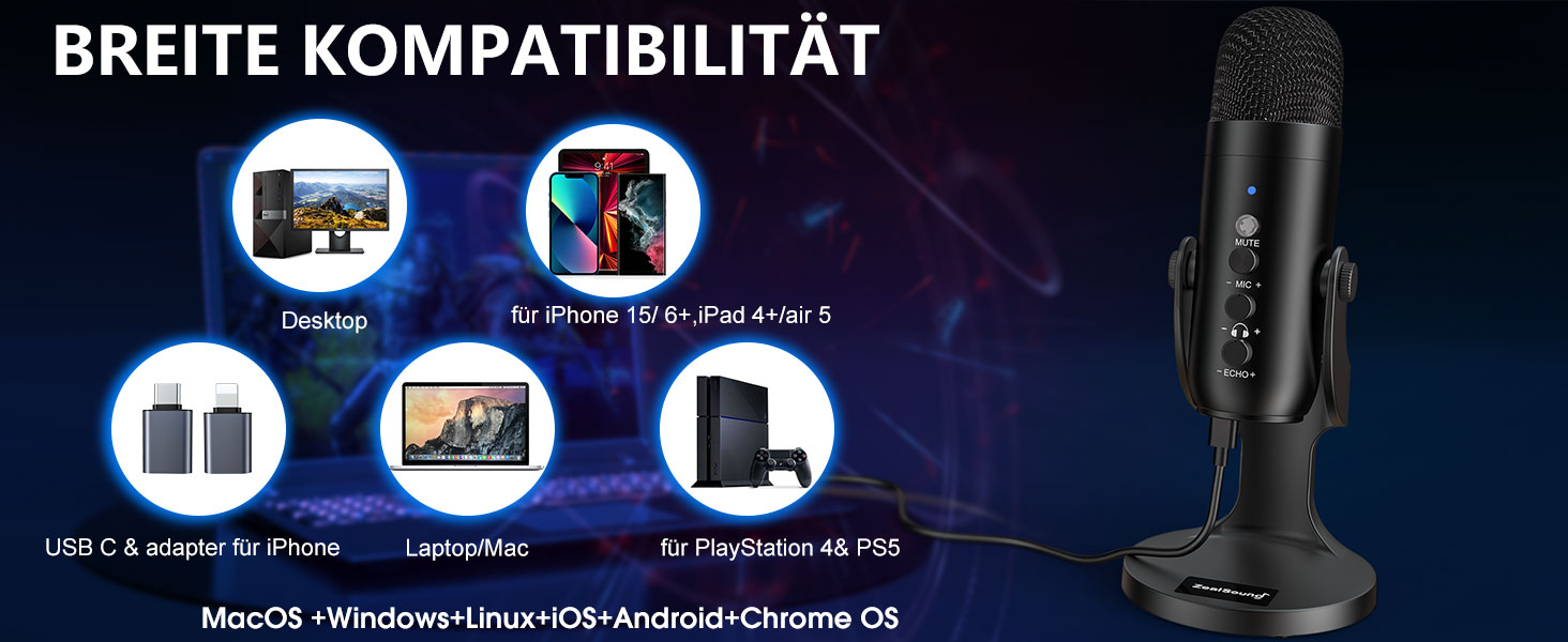 USB мікрофон Zealsound: конденсаторний мікрофон для ПК, телефону, PS4, PS5. Ідеально для геймінгу, подкастів, запису звуку, стрімінгу та ASMR. З регулюванням гучності та ефектом ехо. Сумісний з Mac, Windows. Чорний колір.