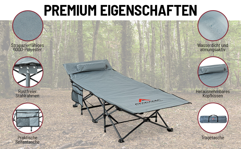 Ліжко похідне Atacama складане, ультралегке для кемпінгу та риболовлі, комфортне, портативне, розмір XXL 190x68x38 см