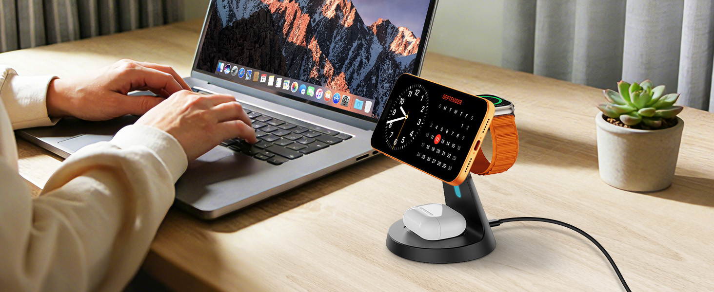 Зарядна станція JoyGeek 3-в-1 для Apple Watch, iPhone (MagSafe) та AirPods. Бездротовий зарядний пристрій для швидкої зарядки iPhone 12-15, iWatch Series 2-Ultra/SE, Airpods 2-4. Чорний.