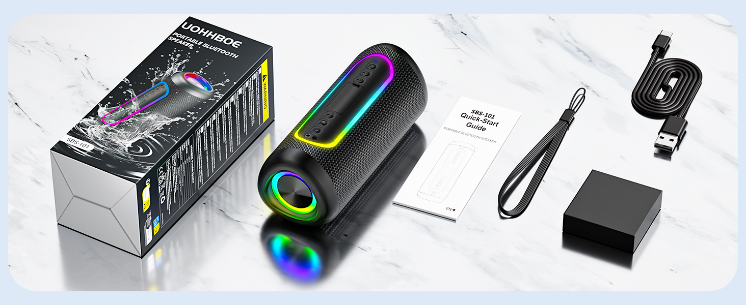 Портативна Bluetooth колонка UOHHBOE 30W з RGB підсвічуванням, TWS Stereo, 24 години роботи, IPX5 водонепроникність