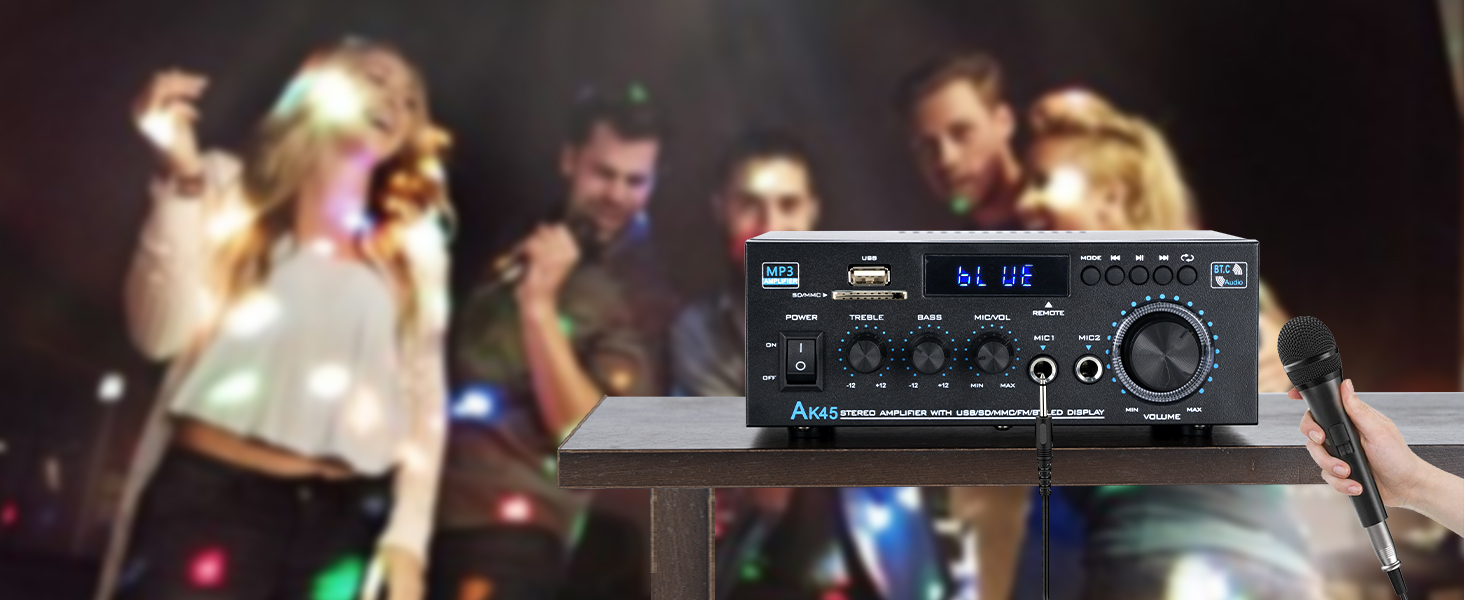 NEOHIPO HiFi-усилювач AK45 Mini, Bluetooth стерео аудіоусилювач 400Вт, 2-канальний, цифровий, з FM-радіо, SD/USB, для дому або авто, чорний