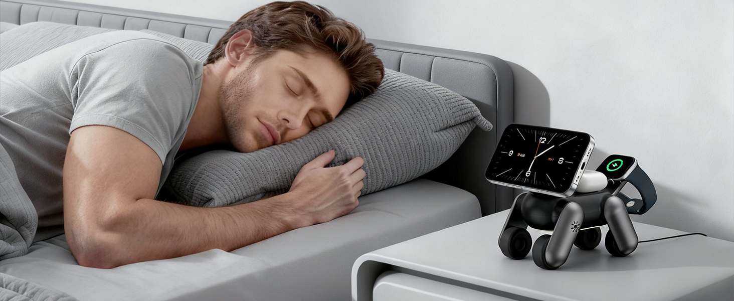 Зарядна станція 3-в-1 для Apple Watch, iPhone 17e/Air/17/16/15/14/13/12, AirPods Pro/2/3 з нічником, чорна. MagSafe сумісність.