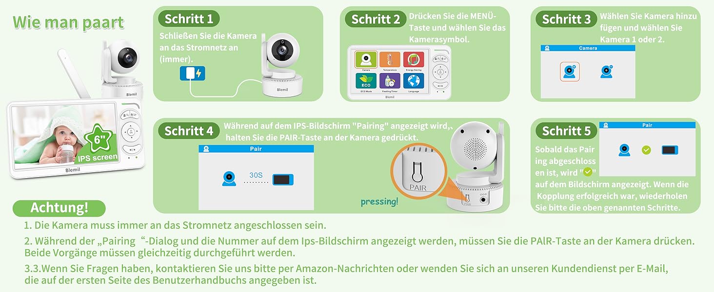Відеоняня Blemil BL9064 з камерою, 6-дюймовий IPS дисплей, акумулятор 3000 mAh, ECO-режим, авто-нічне бачення, 2-сторонній аудіо, радіус дії 300 м, розпізнавання плачу
