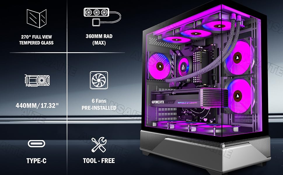 Ігровий корпус для ПК ANSAITE ATX Mid-Tower, 6 ARGB PWM вентиляторів, панорамне загартоване скло, USB Type-C, підтримка радіатора 360мм, чорний/фіолетовий