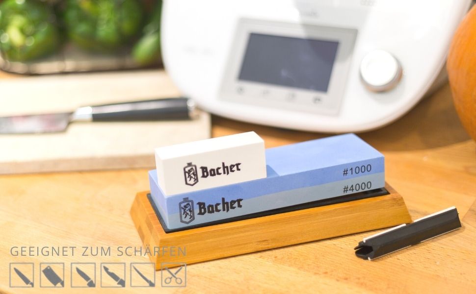 Преміум точильний камінь Bacher Schleifstein. Двостороння точилка з зернистістю 400/1000 для ножів. З антиковзким бамбуковим блоком, інструкцією та допоміжним інструментом.