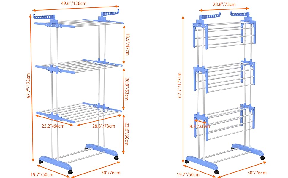Сушарка для білизни турбо тип, сушарка для одягу з 6 відкидними крилами та 2 боковими крилами, мобільна сушарка для білизни на коліщатках для дому та вулиці, блакитна