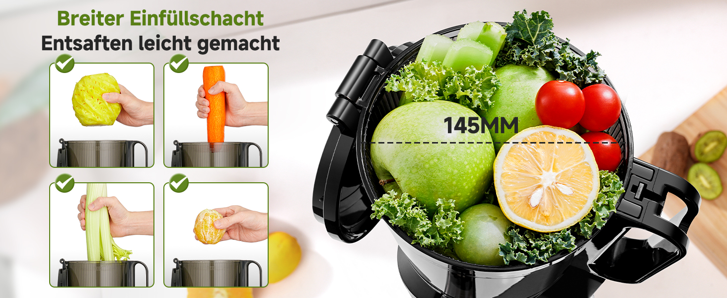 AMZCHEF 250W Автоматичний універсальний соковичавник 250W, 145 мм, 1,8 л, для овочів та фруктів, Slow Juicer з потрійним фільтром - Чорний