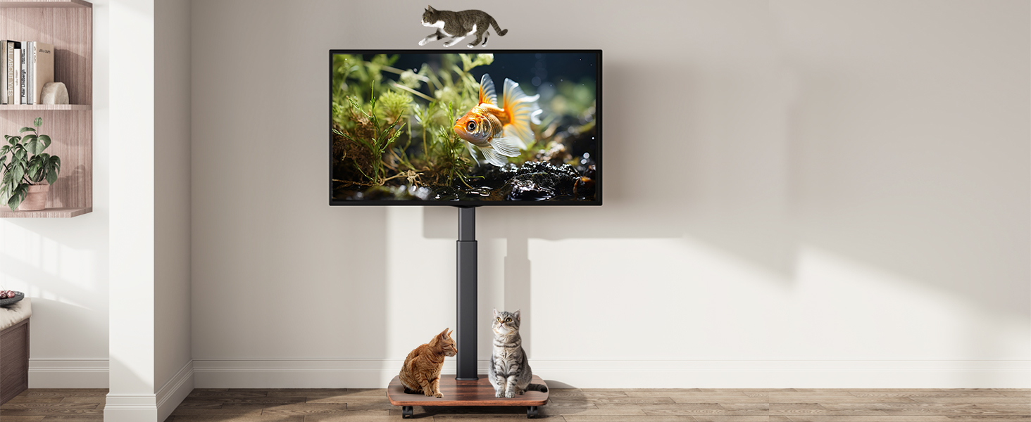 AOKCOS Rolling TV Stand with Wood Shelf - Adjustable Height & Swivel - Fits 43-75 Inch TVs (up to 50kg) - VESA 600x400mm - White+Natural (Black+Vintage Brown)