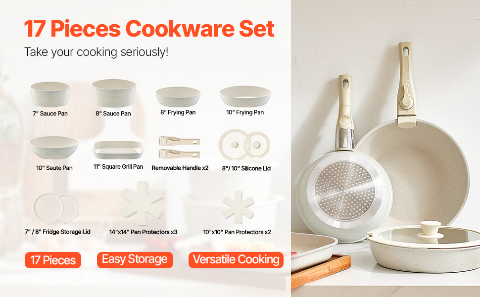 Каструля VEVOR з кришкою з термостійкого скла, антипригарна, індукційна, для кухні кемпера, приготування соусів та смаження (біла, зі знімною ручкою)