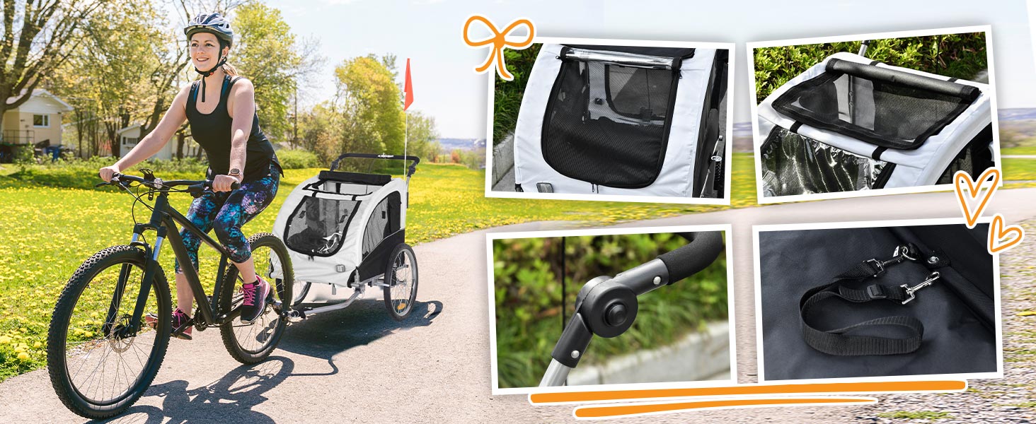 PawHut 2-в-1 Причіп для собак, велосипедний причіп для собак, візок для собак з відбивачами, прапором, причіп для собак PawHut, візок для собак, Oxford-тканина білий/чорний