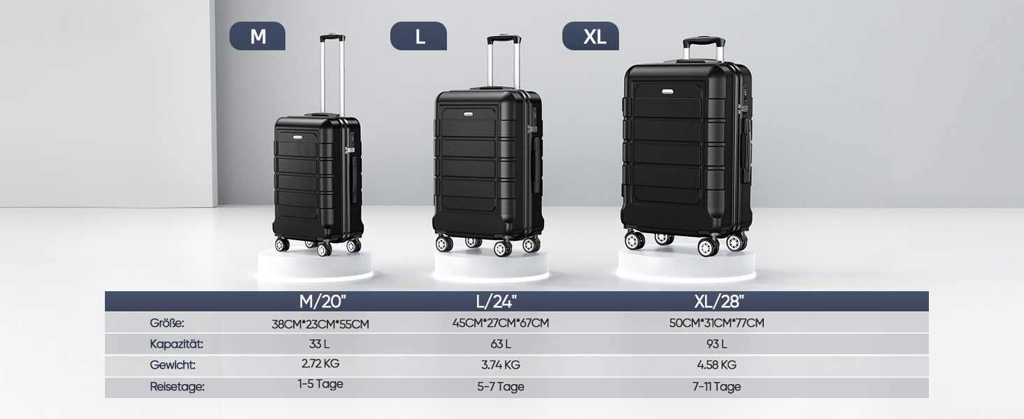 Набір валіз SHOWKOO 3 шт. з жорсткою оболонкою, розширюваний, легкий, ABS+PC, з TSA замком та 4 колесами (M, L, XL, чорний)