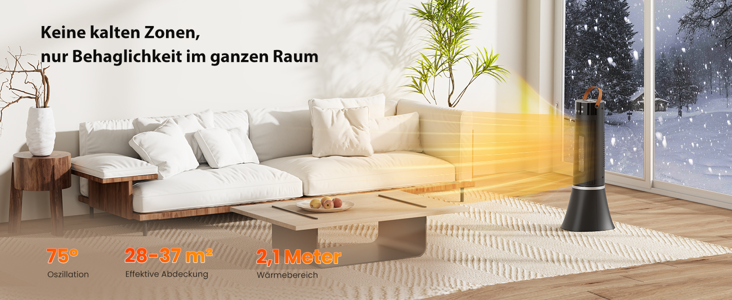 Електричний обігрівач 2000W з керамічним PTC нагрівачем, 75° обертання, термостат, тиха електропіч, 3 режими, таймер 24 години, захист від перегріву та перекидання