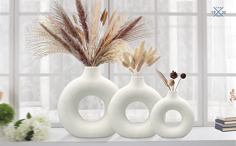 Набір ваз для квітів - 2 шт. з кераміки для декору оселі, сухоцвітів, Pampas Grass, подарунок. Маленькі та середні вази білого кольору