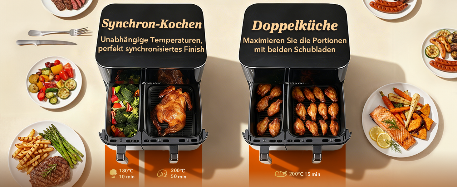 Фритюрниця повітряна WELLENT 2 камери, 2600W, 11л (4+7л) з сенсорним екраном, 10 функцій, для дому