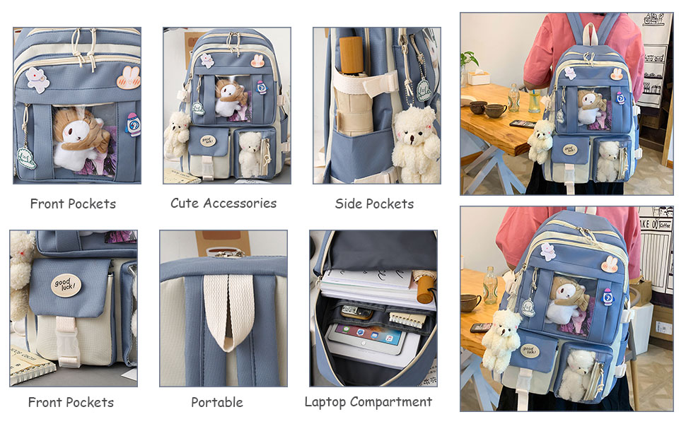 Яскравий рюкзак з милим аксесуаром, 5-ти частинний набір, великий рюкзак у стилі Харадзюку, трендовий рюкзак для школи, коледжу, подорожей, з нашивками, для дівчат, блакитний