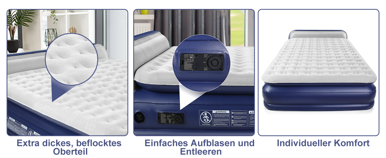 Надувна матрац KMZ з електричним насосом, подвійна висота - для дому, подорожей та кемпінгу. Міцна надувна ліжко (подвійний)