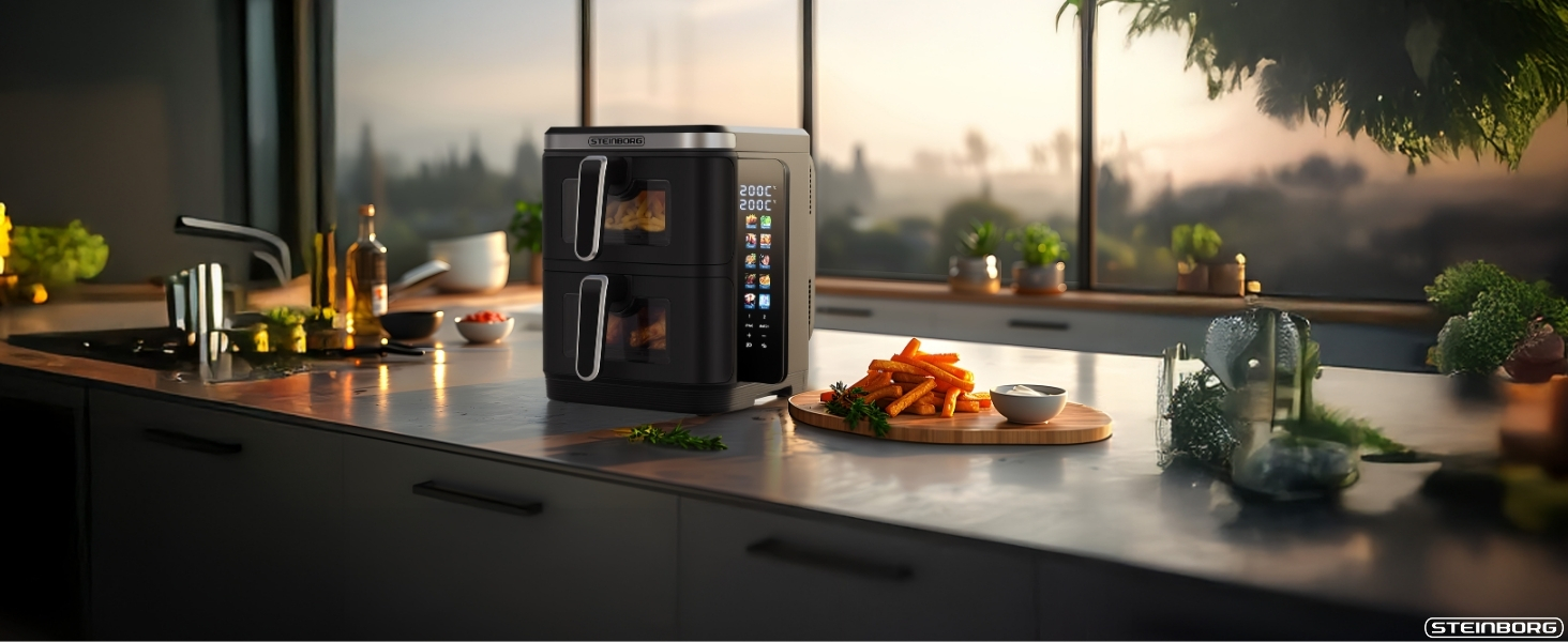 Фритюрниця Steinborg® з подвійною камерою, 11 літрів, фритюрниця без олії, гриль, духовка, сушка, 2 вертикальні шухляди (5,5л+5,5л)
