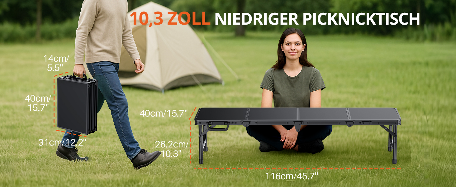 Складний кемпінговий стіл FUNYKICH 116x40x26 см, алюмінієвий, з MDF стільницею, чорний - для пікніка, пляжу, балкону