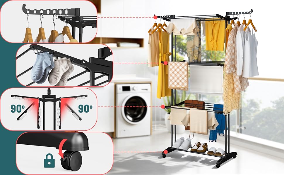 Вounot® Сушарка для білизни Торгова вежа, 4 яруси, компактна, складна, з колесами та бічними крилами, сушильна вежа для дому та вулиці, 125x62x173 см, чорна