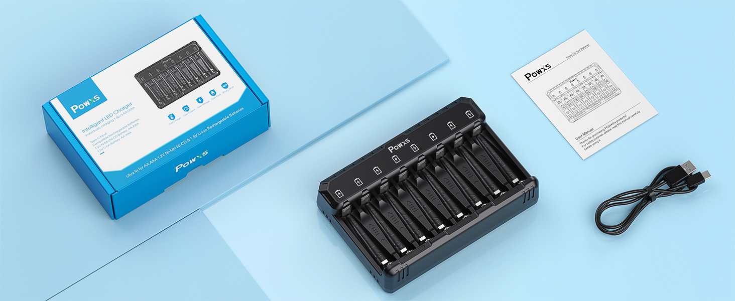 Зарядний пристрій POWXS для акумуляторів AA AAA (NIMH/NICD/Li-ion/Lithium) з LED-дисплеєм та USB-C, 8 слотів, швидка зарядка