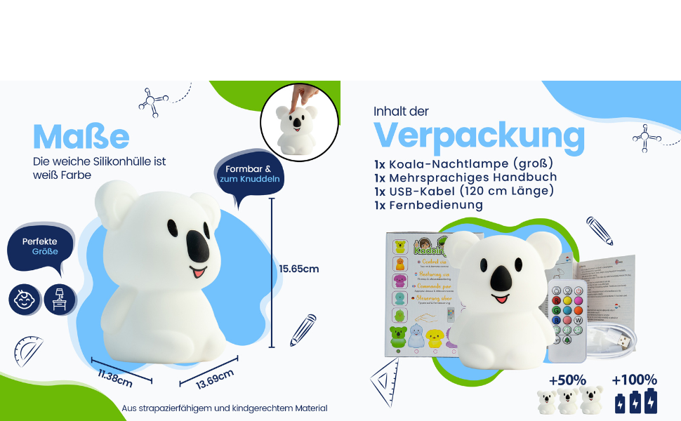 Велике нічне світло Koala – акумуляторна нічна лампа з сенсорним керуванням і пультом – нічник для дітей та малюків, дитяча лампа у вигляді коали для дитячої кімнати та ігор