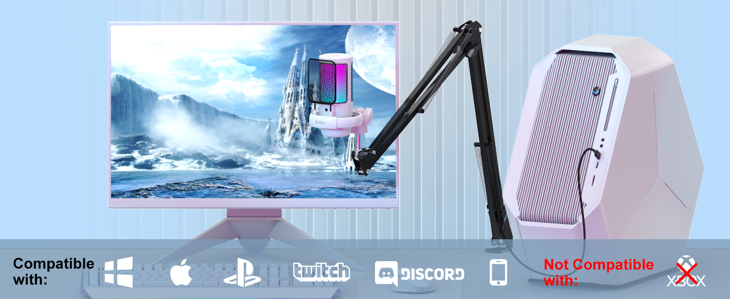Мікрофон для ПК NJSJ Gaming з тримачем, USB для MAC PS4 PS5, з кнопкою вимкнення звуку, навушниками, поп-фільтром, конденсаторний кардіоїдний для подкастів та стрімінгу (білий)