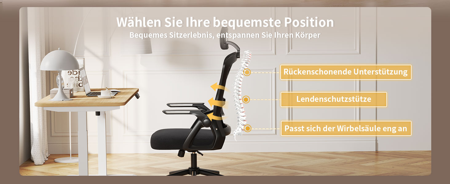 Офісний стіл Naspiro Ergonomic, регульований по висоті, поворотний крісло з дихаючою спинкою з сітки, відкидні підлокітники на 90° та поперекова підтримка, високощільна піна для дому/офісу (Чорний-1, з підголівником)