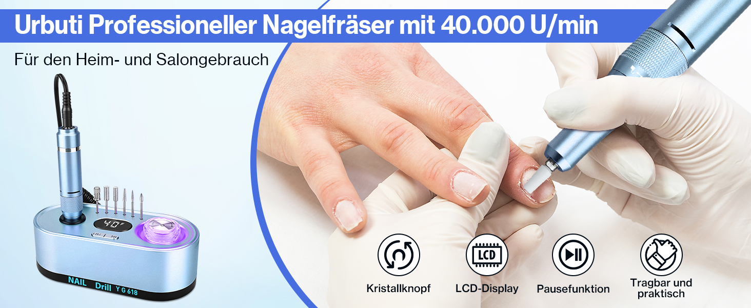 Електрична шліфувальна машинка для нігтів, професійна, 40000 об/хв, LCD манікюр/педикюр, набір з багатофункціональною базою, портативна, з підсвічуванням, сенсорне керування (Світло-блакитний)