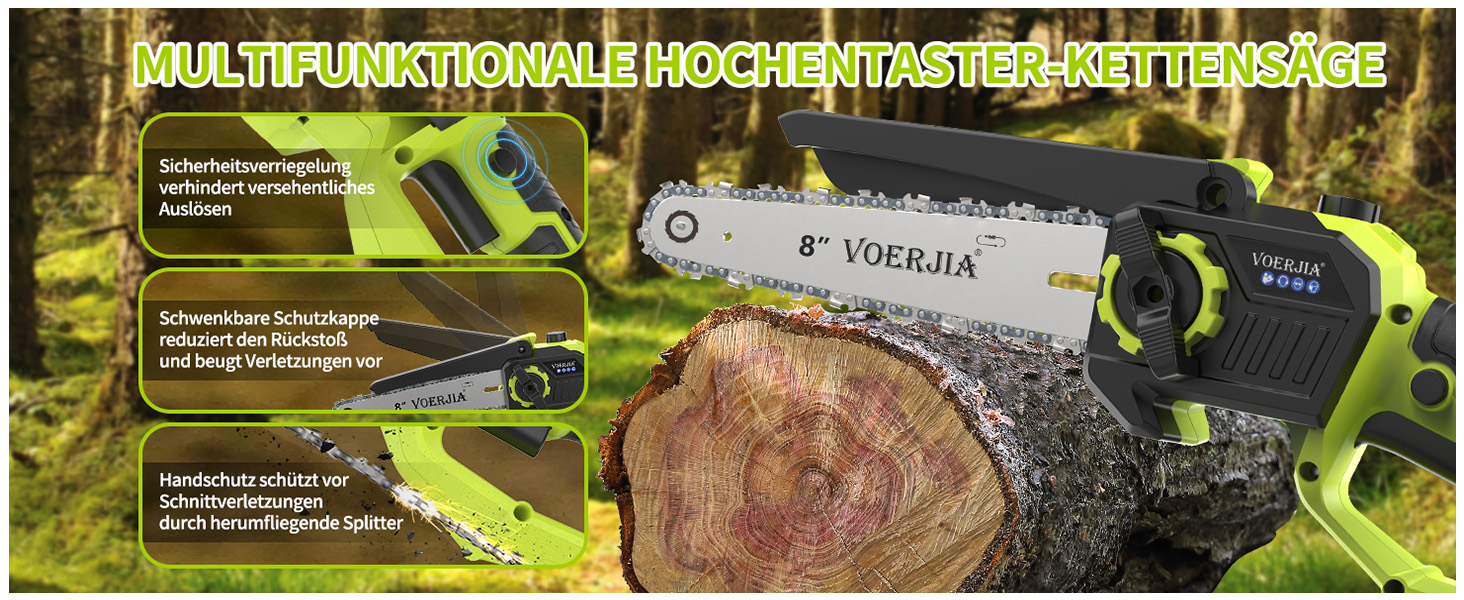 Акумуляторна висоторіз Kettensäge 2-в-1, 6/8 футів, телескопічна штанга, 2x4.0Ah акумулятор, автоматичне змащення, швидка заміна насадок, для обрізки дерев у саду