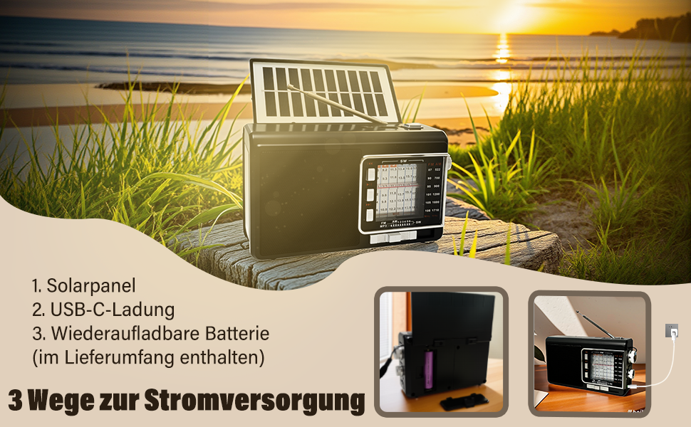 Портативне радіо на сонячній батареї з акумулятором 1200mAh, AM/FM/SW1-6, 8W динамік, Bluetooth, USB/TF, ліхтарик, кофр-радіо для кемпінгу та надзвичайних ситуацій (Чорний)
