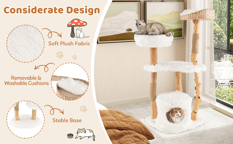 Дерев'яна кігтеточка SOARS для котів з 3 природними стовбурами, ліжком та плюшевими поверхнями, з іграшковим м'ячиком та джутовим мотузком, багатоповерхова, біла (124 см)