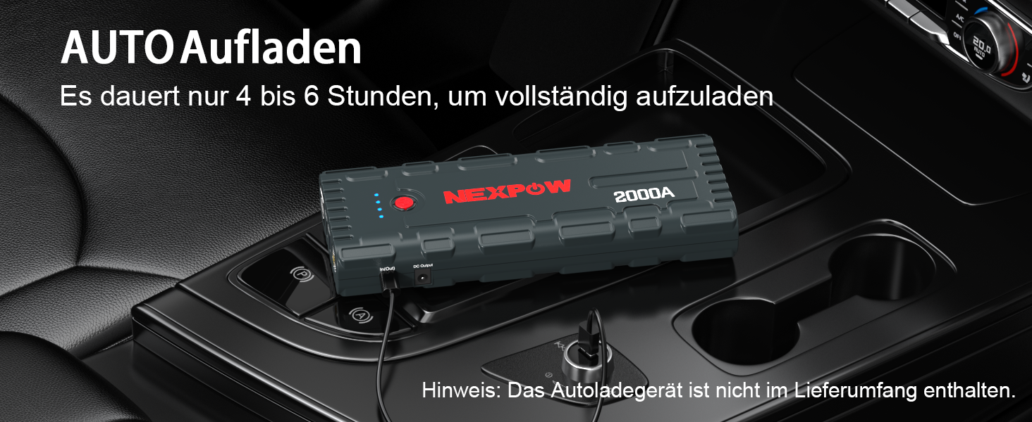 Powerbank NEXPOW Starthilfe: портативний пусковий пристрій для авто 2000A, 12V, USB-швидка зарядка 3.0 (до 7.0L бензин/6.5L дизель), LED-ліхтар, сірий