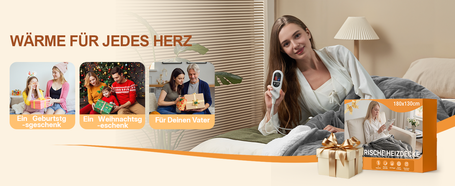 Електрична ковдра JUMMICO Kuschel-Heizdecke 180x130 см, тепла та м'яка - 6 режимів нагріву, таймер 12 годин, пральна, для дивана, ліжка, офісу, сіра
