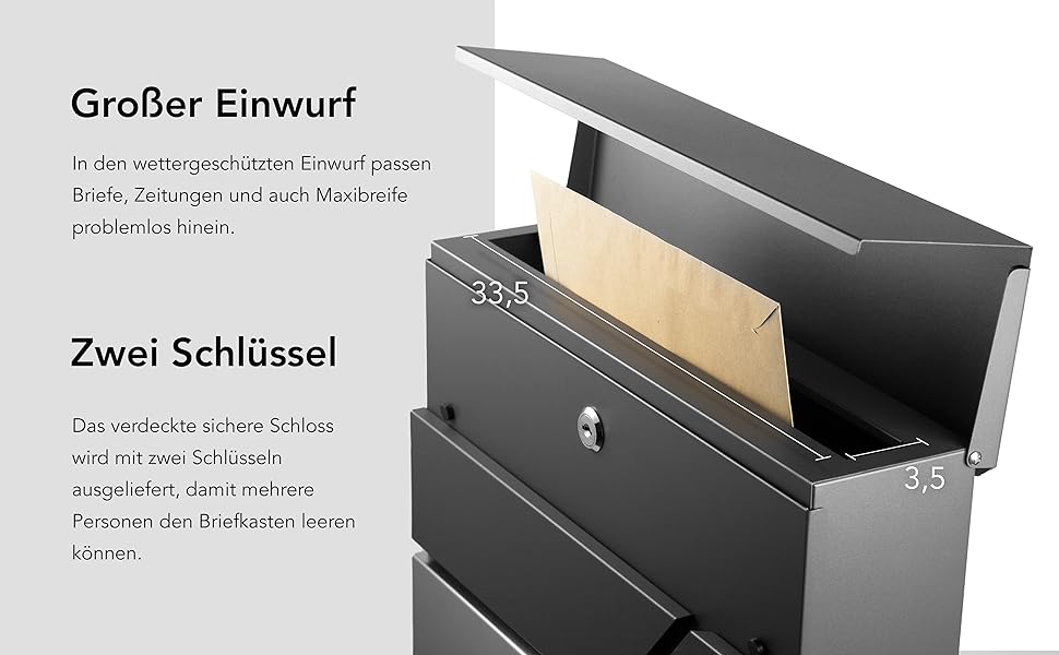 Сучасна поштова скринька антрацит з газетницею та гравіюванням: індивідуальне виготовлення з нержавіючої сталі, номер будинку та табличка з іменем. Стійка до іржі та УФ-випромінювання, з монтажним комплектом.