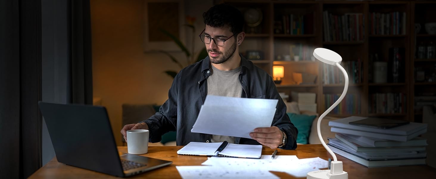 LED настільна лампа 15W з USB-A та USB-C – диммування, 3 колірні температури, 5 рівнів яскравості, таймер, гнусий 360° шийка, захист очей, для офісу та спальні (біла, 12 см)