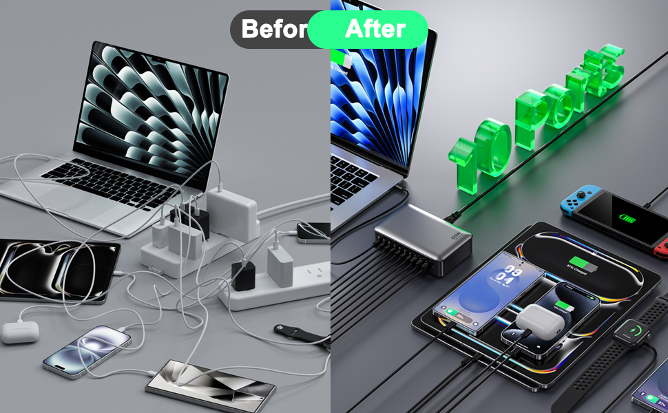 Зарядний пристрій USB-C 620W Gan: 10 портів (7xUSB-C + 3xUSB-A) для швидкої зарядки ноутбуків, iPhone, Samsung Galaxy, MacBook Pro/Air, Dell