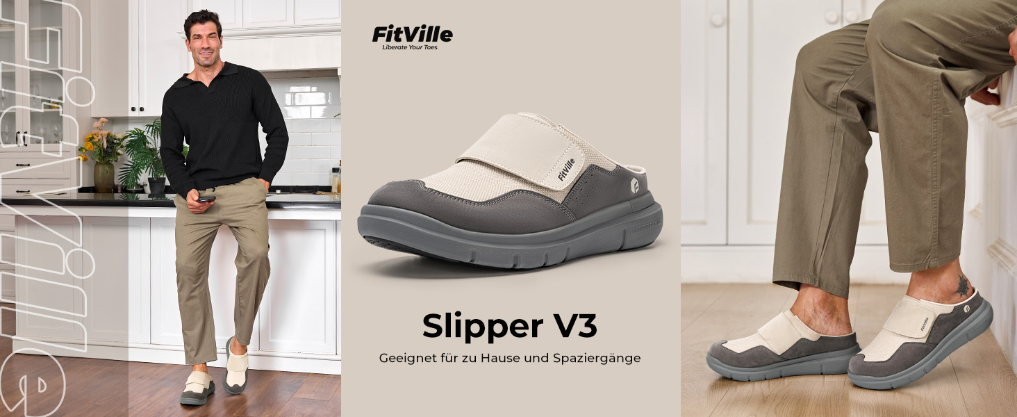 Домашні тапочки для чоловіків FitVille з широкою колодкою, з застібкою на липучці, з підтримкою склепіння стопи, розмір 41-50, бежевий, сірий