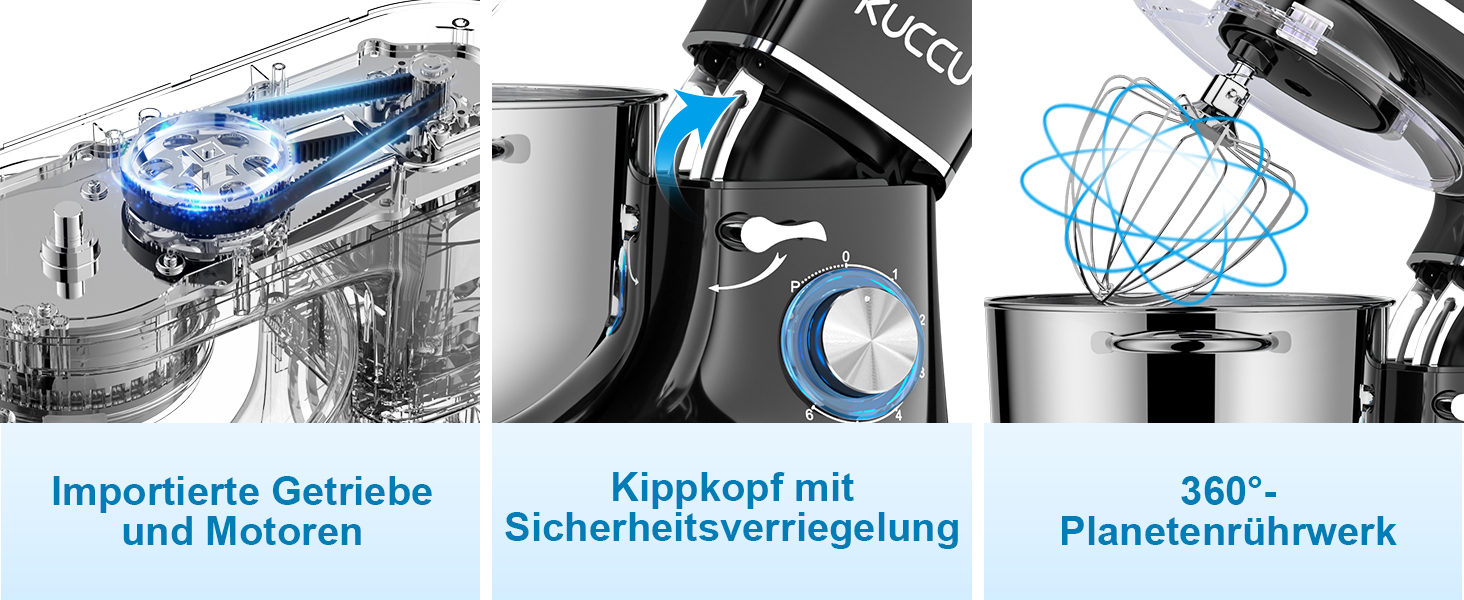 Кухонний комбайн-міксер 1500W з чашею з нержавіючої сталі 7Л, планетарний міксер для тіста з 6 швидкостями та набором насадок (гак, вінчик, міксер), чорний