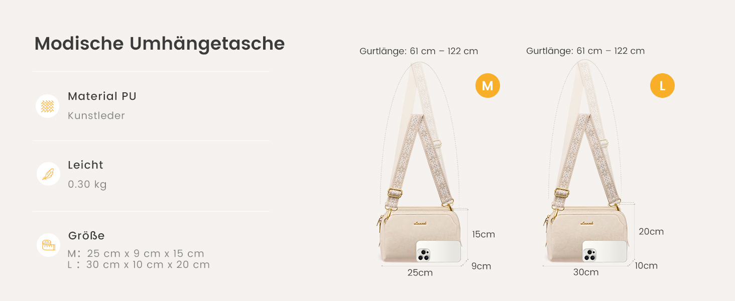 Сумка жіноча LOVEVOOK через плече, бежева: кросбоді, сумка середнього розміру, RFID-захист, 2 ремені 25x15x9 см