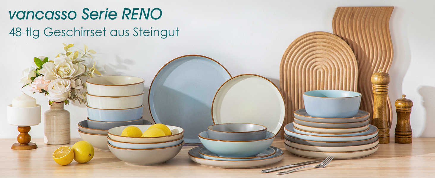 Набір посуду на 6 осіб Vancasso RENO 24-tlg: тарілки, супові тарілки, десертні тарілки, миски, комплект посуду з кераміки, 48 предметів