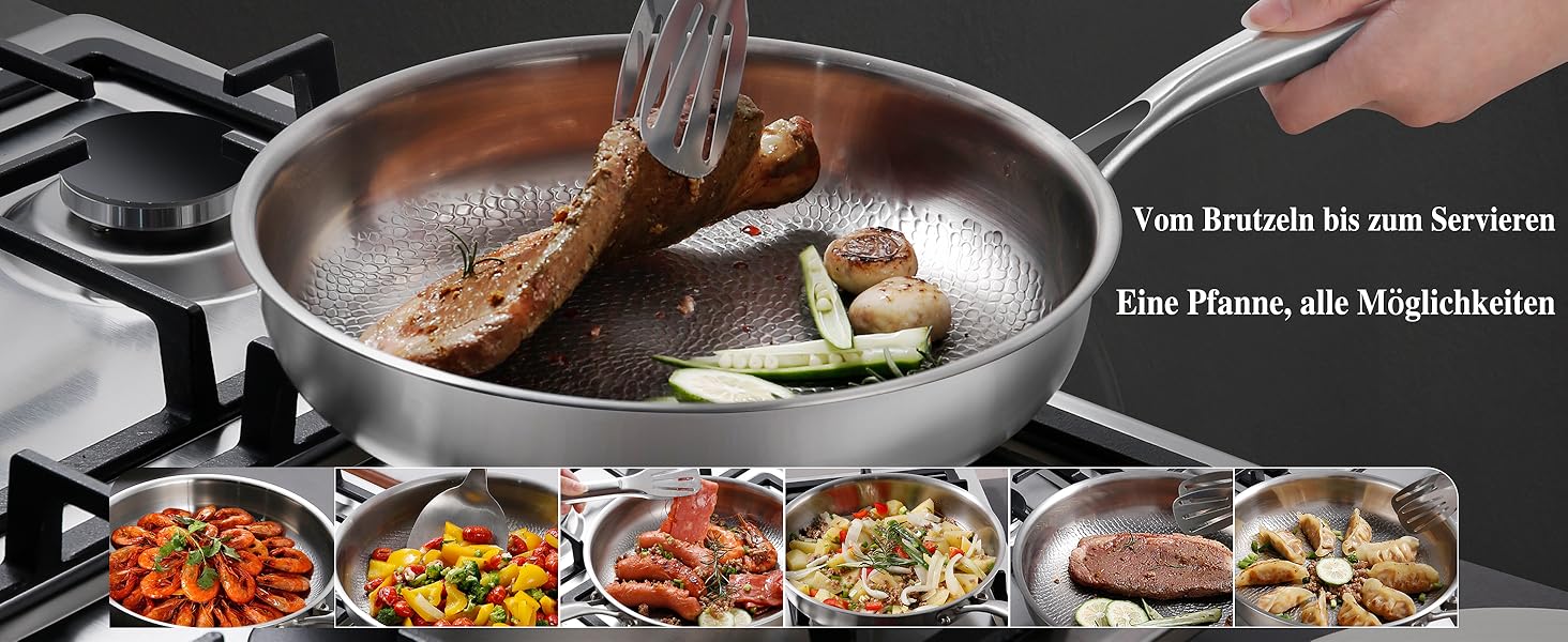 Сковорода з нержавіючої сталі 28 см, антипригарна, з кришкою, 18/10, для індукційних плит, енергоефективна, без PTFE та PFOA