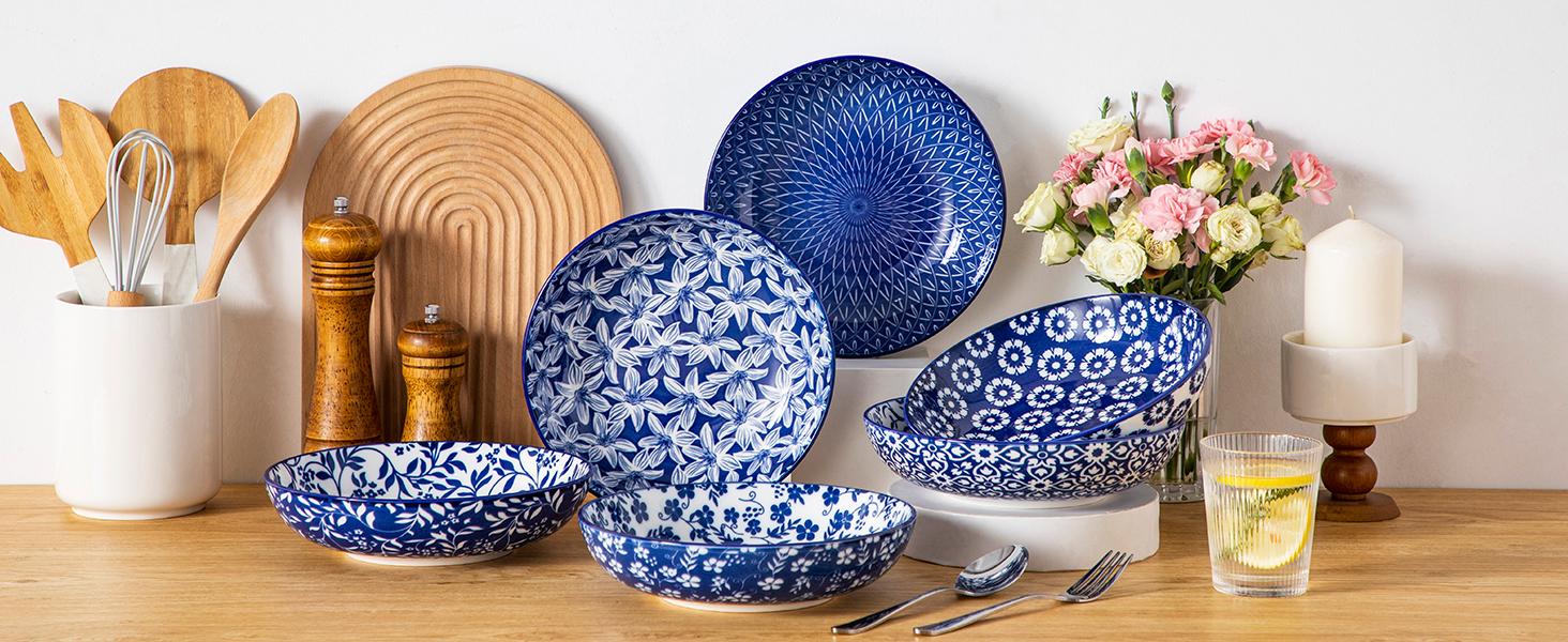 Набір кавових чашок з блюдцями Vancasso Cappuccino SELENE 6шт, 240мл, блакитно-білий вінтаж, високоякісний фарфор, для миття в посудомийній машині та використання в мікрохвильовці