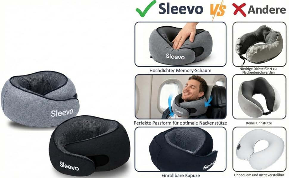 Подушка для шиї з Memory Foam - Подушка-вишенка для подорожей - Ергономічна подушка для літака та подорожей, з сонцезахистом та можливістю прання, з чохлом - Чорний (L)