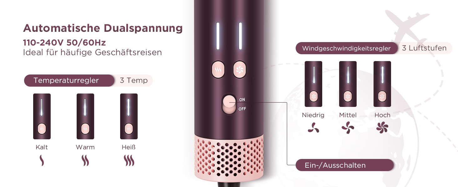 PARWIN PRO BEAUTY MaxAIR 2.0 Multi-Styler Set: 7-в-1 Фен, Плойка, Випрямляч, Щітка для об'єму, 110000 об/хв, Автоматична намотка, Подвійна напруга, Jasper Plum