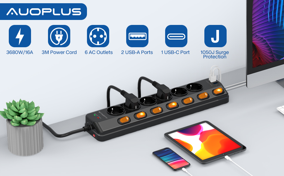Мережевий фільтр 6-фазний з індивідуальним вимикачем, USB-C (PD 20W) та 2 USB-A, захист від перенапруги (3680W/16A), 3м кабель, чорний