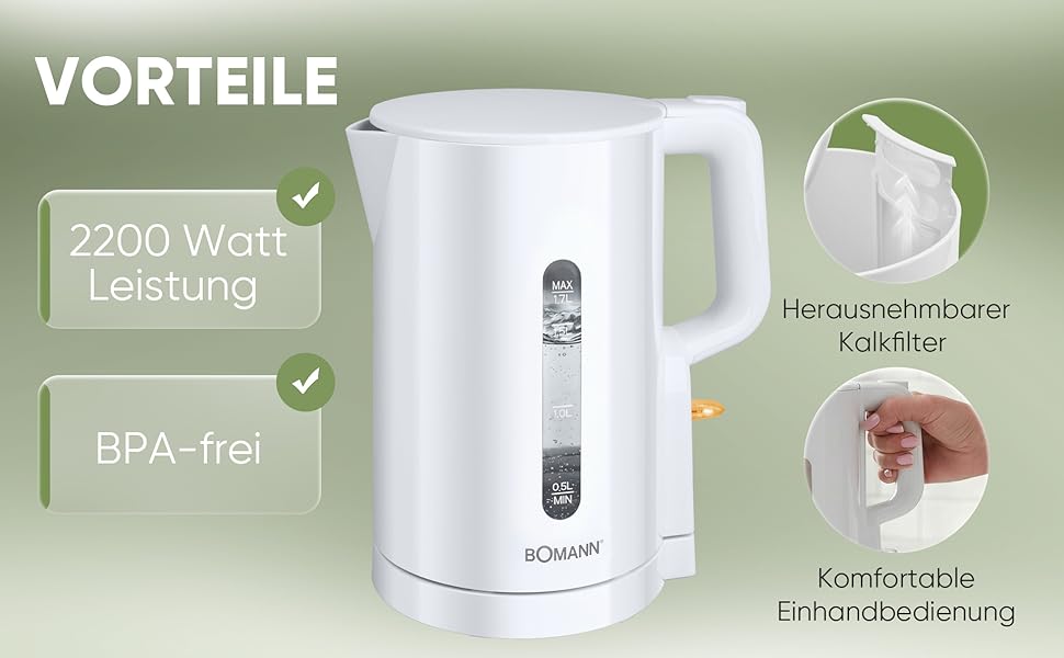 Електричний чайник Bomann WK 6090 CB (1,7л, 2200W, білий) з нержавіючої сталі, BPA Free, з індикатором рівня води та захистом від перегріву